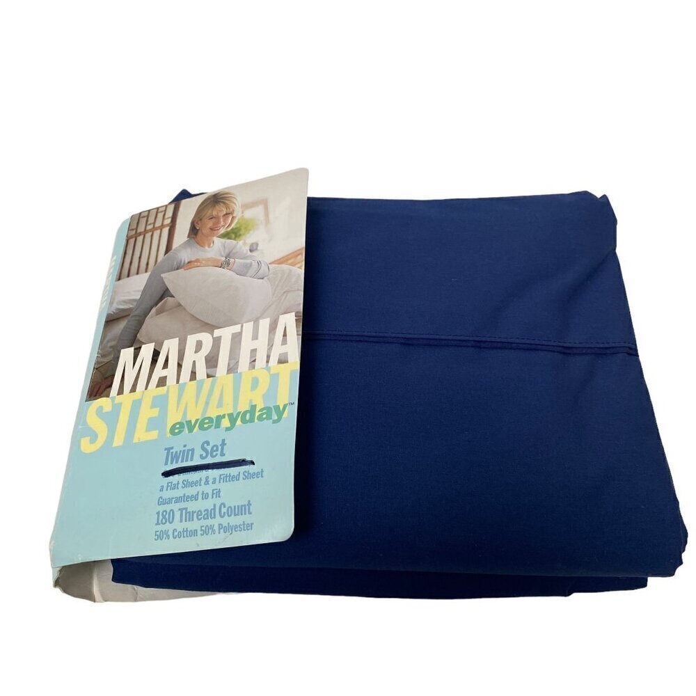 MARTHA STEWART Twin Bed Sheets Blue Flat + Fitted Cotton Blend No Pillowcases